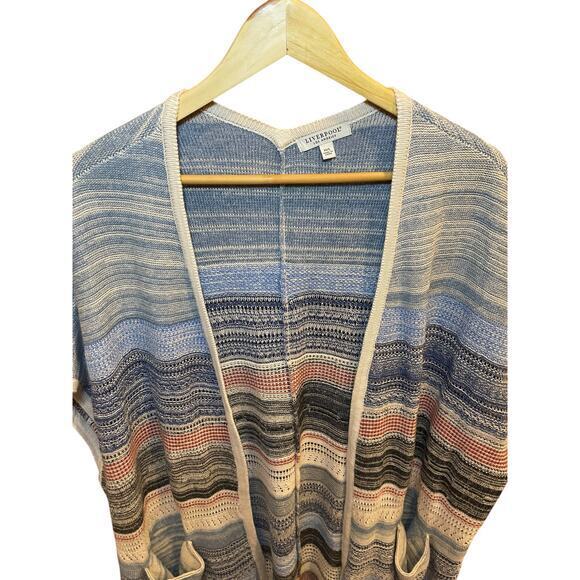Liverpool Sleeveless Cardigan Sweater w/ Fringe Blue & Multi Color Medium, Large - Picture 4 of 12